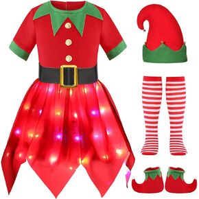 Girls Elf Costume Christmas LED Light Up Elf dress Xmas Holiday Party Outfits