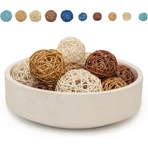 VELOVA Large White Decorative Concrete Bowl with 24 Decorative Balls, Fruit Key Holder Bowls Boho Modern Home Decor Accent for Dining Room Centerpiece Living Room Coffee Table Shelf Entryway Rattan