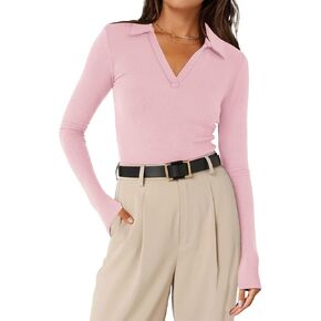 Womens Long Sleeve Shirts Slim Fitted Business Casual Work Tops Collared V Neck Polo Shirt 2024 Fall Outfits