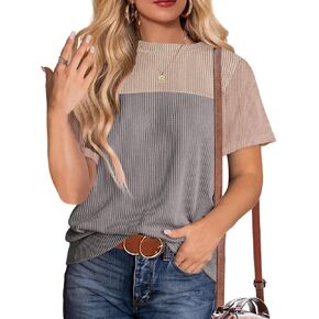 Zeagoo Womens Casual Color Block Tops Short Sleeve T Shirts Crewneck Knitted Spring Summer Loose Blouses Tops