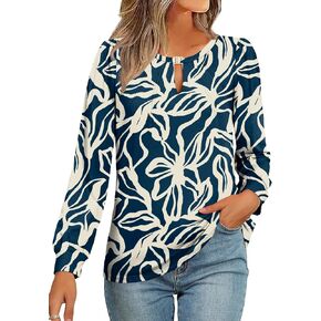 AKEWEI Womens Fall Long Sleeve Tops Work Casual Dressy Shirts for Women Keyhole Pleated Puff Sleeve Blouse