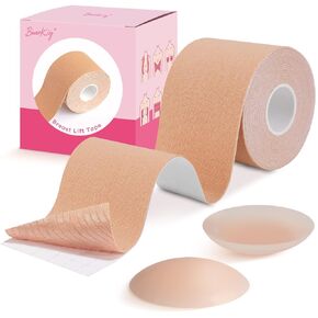 Boob Tape Kit - Breast Lift Tape, Body Tape for Breast Lift with 2 Pcs Silicone Breast Reusable Adhesive Bra, Waterproof & Sweatproof Bob Tape for Large Breasts A-E Cup (Beige)