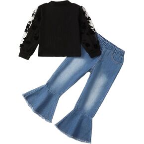 Kucnuzki Toddler Kids Girl Clothes Fall Outfits Winter Long Sleeve Knit Shirt Bell Bottom Denim Jeans Pants Clothing Set