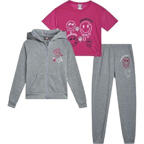 Girls Joggers Set - 3 Piece Zip Up Hoodie, Graphic Tee, and Jogger Pants - Girls' Activewear Fleece Jogset (7-8), Size 14/16, Grey/Fuchsia