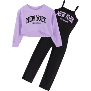 Girls Clothes Letter Print Round Sleeveless Jumpsuits Outfit Long Sleeve Front Tops Fall Winter 2Pcs