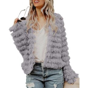 Womens Open Front Faux Fur Cardigan Vintage Parka Shaggy Jacket Coat
