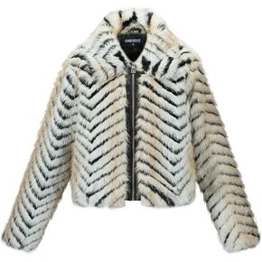 GRAN ORIENTE Women Faux Fur Leopard Print Cropped Jacket,Fleece Fluffy Leather Lined Zip Up Coat