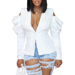 LKOUS Women's Fall Sexy Blazers,Puff Long Sleeve Lapel Open Front Work Office Suit Jacket