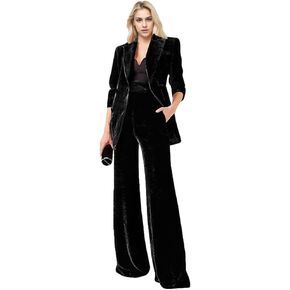Women's 2 Piece Velvet Suit Office Work Suit Notch Lapel Double Breasted Blazer Pants Business Suit Set
