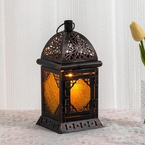 DECORKEY Candle Lanterns Decorative Indoor & Outdoor, 12'' Vintage Moroccan Hanging&Tabletop Lantern, Christmas Halloween Metal Candle Holder for Home Front Porch Patio Decor (Amber)