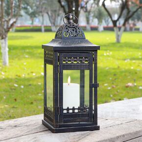 JHY DESIGN Set of 3 Decorative Candle Lanterns20&14.5"&9.5" High Vintage Style Hanging Lantern, Metal Candleholder for Indoor Outdoor, Events, Parities and Weddings（Black with Gold Brush）