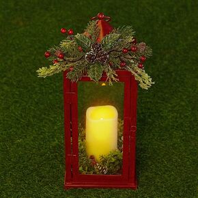 Christmas Metal Lantern Decorative with LED Candle Light-Vintage Hanging Lantern for Indoor Outdoor Holiday Party Decorations-16 Inch(Antiqued Red Color)