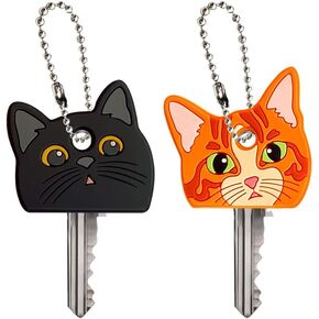 WIRESTER Set of 2 Key Cap Covers, PVC Key Identifier, Cute Head Cover Keychain for Distinguishing Keys - Orange Tabby Cat, Black Bombay Kitten Cat
