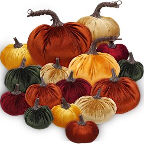 Soaoo 16 Pcs Velvet Pumpkin for Decorating Fall Table Decor Assorted Faux Rustic Harvest Velvet Pumpkin Decorative Thanksgiving Fall Fake Artificial Pumpkin Decoration(Bright Color,Various Size)