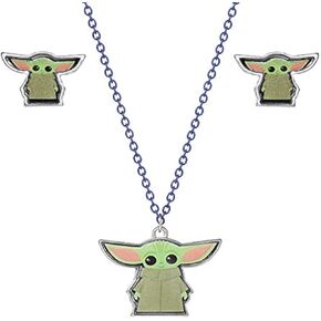Disney Star Wars The Mandalorian Grogu Fashion Stud Earrings and Necklace Set, Official License
