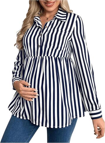 MakeMeChic Women's Maternity Blouse Striped Long Sleeve Collared Button Front Ruffle Hem Shirt Tops in Saudi Arabia