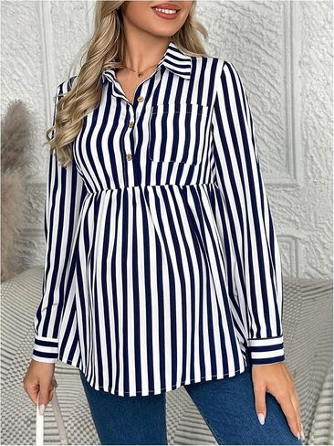 MakeMeChic Women's Maternity Blouse Striped Long Sleeve Collared Button Front Ruffle Hem Shirt Tops in Saudi Arabia