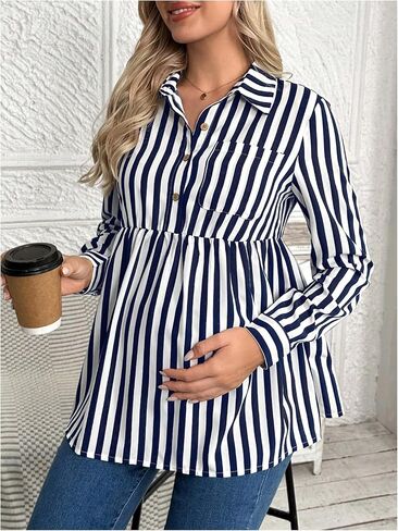 MakeMeChic Women's Maternity Blouse Striped Long Sleeve Collared Button Front Ruffle Hem Shirt Tops in Saudi Arabia