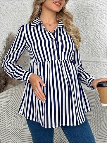 MakeMeChic Women's Maternity Blouse Striped Long Sleeve Collared Button Front Ruffle Hem Shirt Tops in Saudi Arabia