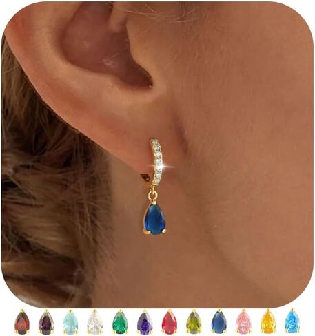 TOBENY Dangle Earrings for Women Trendy 14K Plated Hypoallergenic Drop Hoop Earrings Dainty Diamond Green Emerald Birthstone Huggie Earrings for Birthday Gifts in Kuwait