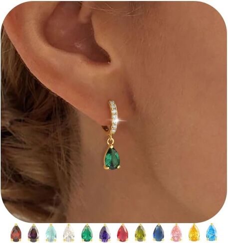 TOBENY Dangle Earrings for Women Trendy 14K Plated Hypoallergenic Drop Hoop Earrings Dainty Diamond Green Emerald Birthstone Huggie Earrings for Birthday Gifts in Kuwait