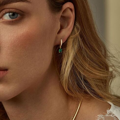 TOBENY Dangle Earrings for Women Trendy 14K Plated Hypoallergenic Drop Hoop Earrings Dainty Diamond Green Emerald Birthstone Huggie Earrings for Birthday Gifts in Kuwait