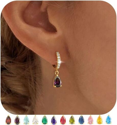 TOBENY Dangle Earrings for Women Trendy 14K Plated Hypoallergenic Drop Hoop Earrings Dainty Diamond Green Emerald Birthstone Huggie Earrings for Birthday Gifts in Kuwait