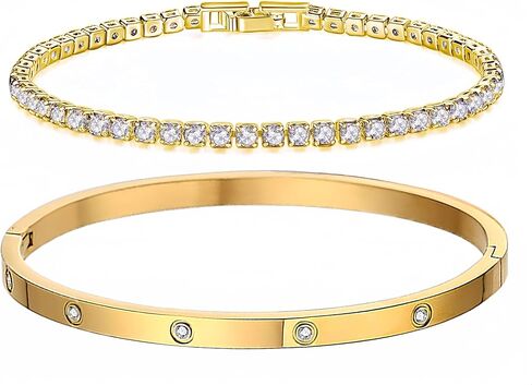 18K Gold Plated Dainty Tennis Bracelets Set 4mm/6mm Love Bangle Bracelets with 3mm/4mm Cubic Zirconia Classic Tennis Bracelet| Gold Bracelets for Women | Size 6.5/7/7.5 Inch in Kuwait