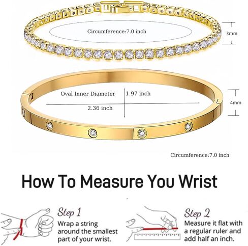 18K Gold Plated Dainty Tennis Bracelets Set 4mm/6mm Love Bangle Bracelets with 3mm/4mm Cubic Zirconia Classic Tennis Bracelet| Gold Bracelets for Women | Size 6.5/7/7.5 Inch in Kuwait