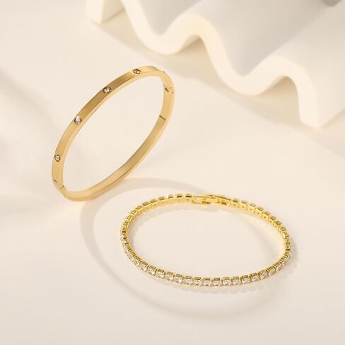 18K Gold Plated Dainty Tennis Bracelets Set 4mm/6mm Love Bangle Bracelets with 3mm/4mm Cubic Zirconia Classic Tennis Bracelet| Gold Bracelets for Women | Size 6.5/7/7.5 Inch in Kuwait
