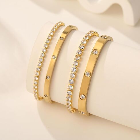 18K Gold Plated Dainty Tennis Bracelets Set 4mm/6mm Love Bangle Bracelets with 3mm/4mm Cubic Zirconia Classic Tennis Bracelet| Gold Bracelets for Women | Size 6.5/7/7.5 Inch in Kuwait