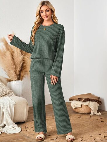 Womens Sets 2 Piece Outfits Matching Lounge Set Cozy Knit Pajamas Oversized Loungewear Fall Winter Clothes S-2XL in Kuwait