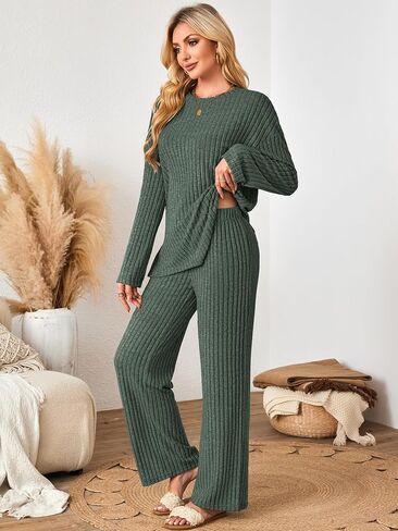 Womens Sets 2 Piece Outfits Matching Lounge Set Cozy Knit Pajamas Oversized Loungewear Fall Winter Clothes S-2XL in Kuwait