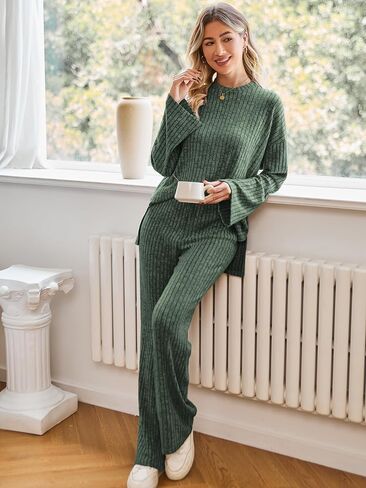 Womens Sets 2 Piece Outfits Matching Lounge Set Cozy Knit Pajamas Oversized Loungewear Fall Winter Clothes S-2XL in Kuwait