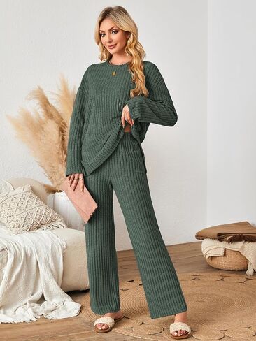 Womens Sets 2 Piece Outfits Matching Lounge Set Cozy Knit Pajamas Oversized Loungewear Fall Winter Clothes S-2XL in Kuwait