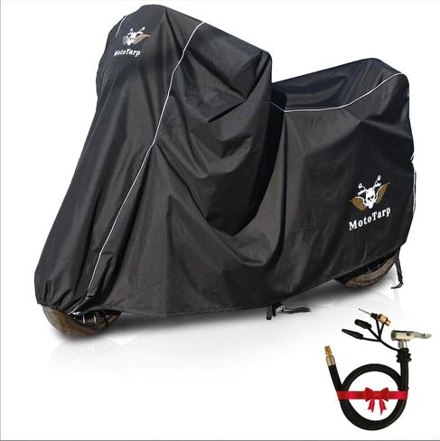 600D Heavy Duty Motorcycle Cover 100% Waterproof; License Plate Window, Exhaust Heat Guard, Night Reflectors, Wheel Lock Slots (Silver, Large 86X37X43) in Saudi Arabia