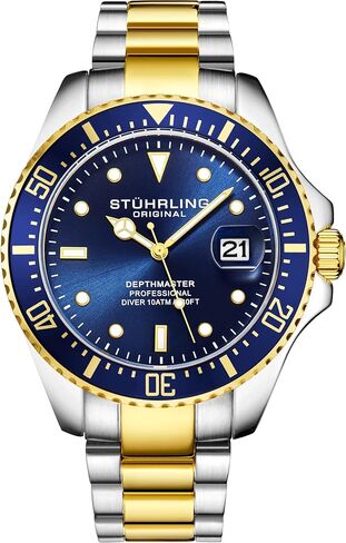 Stuhrling Original Men's Watches Pro Dive Watch Sports Watch with 42 MM Case Blue Dial Stainless Steel Silver Bracelet Diving Watch for Men in Saudi Arabia
