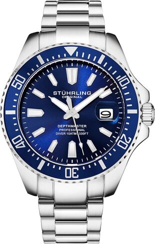 Stuhrling Original Men's Watches Pro Dive Watch Sports Watch with 42 MM Case Blue Dial Stainless Steel Silver Bracelet Diving Watch for Men in Saudi Arabia
