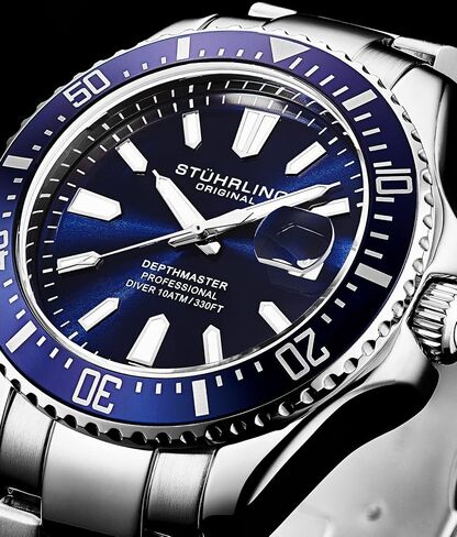 Stuhrling Original Men's Watches Pro Dive Watch Sports Watch with 42 MM Case Blue Dial Stainless Steel Silver Bracelet Diving Watch for Men in Saudi Arabia