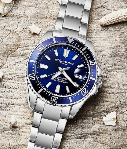 Stuhrling Original Men's Watches Pro Dive Watch Sports Watch with 42 MM Case Blue Dial Stainless Steel Silver Bracelet Diving Watch for Men in Saudi Arabia