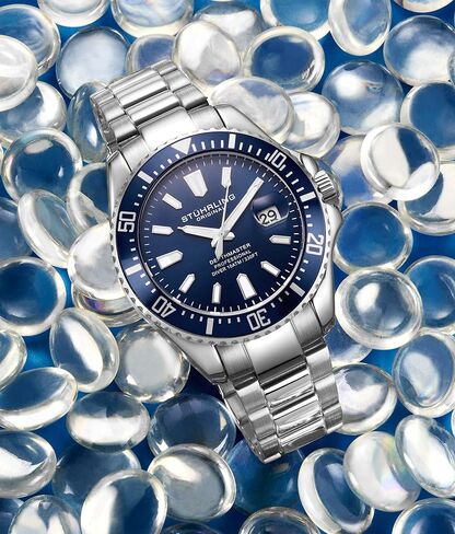 Stuhrling Original Men's Watches Pro Dive Watch Sports Watch with 42 MM Case Blue Dial Stainless Steel Silver Bracelet Diving Watch for Men in Saudi Arabia