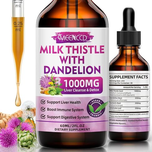 Milk Thistle Liquid Drops - Liver Cleanse Detox & Repair - 1000mg Milk Thistle Supplement for Liver Support, Silymarin Milk Thistle Liver Supplement for Liver Health, Vegan, Non-GMO, 2 Fl Oz in Saudi Arabia