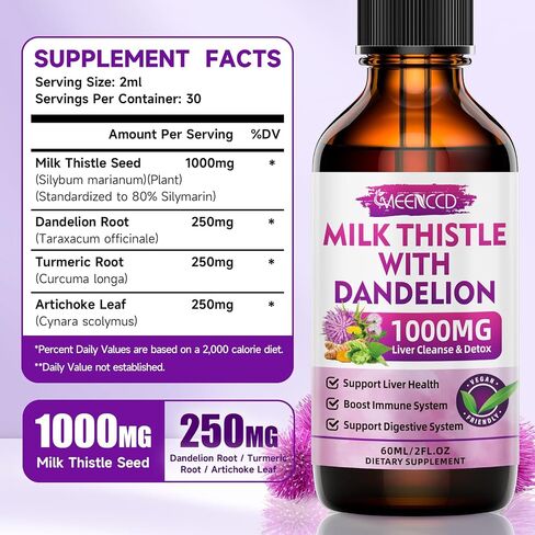 Milk Thistle Liquid Drops - Liver Cleanse Detox & Repair - 1000mg Milk Thistle Supplement for Liver Support, Silymarin Milk Thistle Liver Supplement for Liver Health, Vegan, Non-GMO, 2 Fl Oz in Saudi Arabia