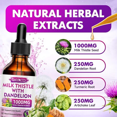 Milk Thistle Liquid Drops - Liver Cleanse Detox & Repair - 1000mg Milk Thistle Supplement for Liver Support, Silymarin Milk Thistle Liver Supplement for Liver Health, Vegan, Non-GMO, 2 Fl Oz in Saudi Arabia