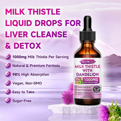 Milk Thistle Liquid Drops - Liver Cleanse Detox & Repair - 1000mg Milk Thistle Supplement for Liver Support, Silymarin Milk Thistle Liver Supplement for Liver Health, Vegan, Non-GMO, 2 Fl Oz in Saudi Arabia