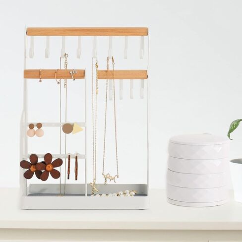 Jewelry Organizer 6 Tier Jewelry Wooden Tower Shelf & 4 Tier Rotating Jewelry Tray Case with Mirror Hanging Display for Bracelet Watch Earrings Rings Necklace in Saudi Arabia