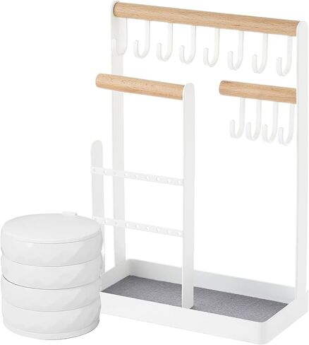 Jewelry Organizer 6 Tier Jewelry Wooden Tower Shelf & 4 Tier Rotating Jewelry Tray Case with Mirror Hanging Display for Bracelet Watch Earrings Rings Necklace in Saudi Arabia