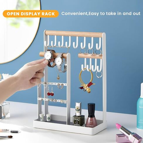 Jewelry Organizer 6 Tier Jewelry Wooden Tower Shelf & 4 Tier Rotating Jewelry Tray Case with Mirror Hanging Display for Bracelet Watch Earrings Rings Necklace in Saudi Arabia