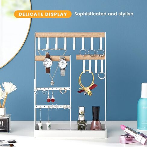 Jewelry Organizer 6 Tier Jewelry Wooden Tower Shelf & 4 Tier Rotating Jewelry Tray Case with Mirror Hanging Display for Bracelet Watch Earrings Rings Necklace in Saudi Arabia
