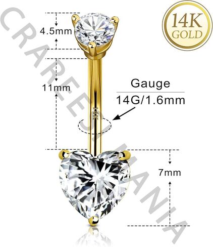 CM Crareesi Mania 14K حلقات البطن الذهبية الصلبة القلب مكعب زركونيا حلقات ثقب البطن 14G الذهب الأصفر السرة ثقب المجوهرات الشق مجموعة حلقات السرة in Saudi Arabia